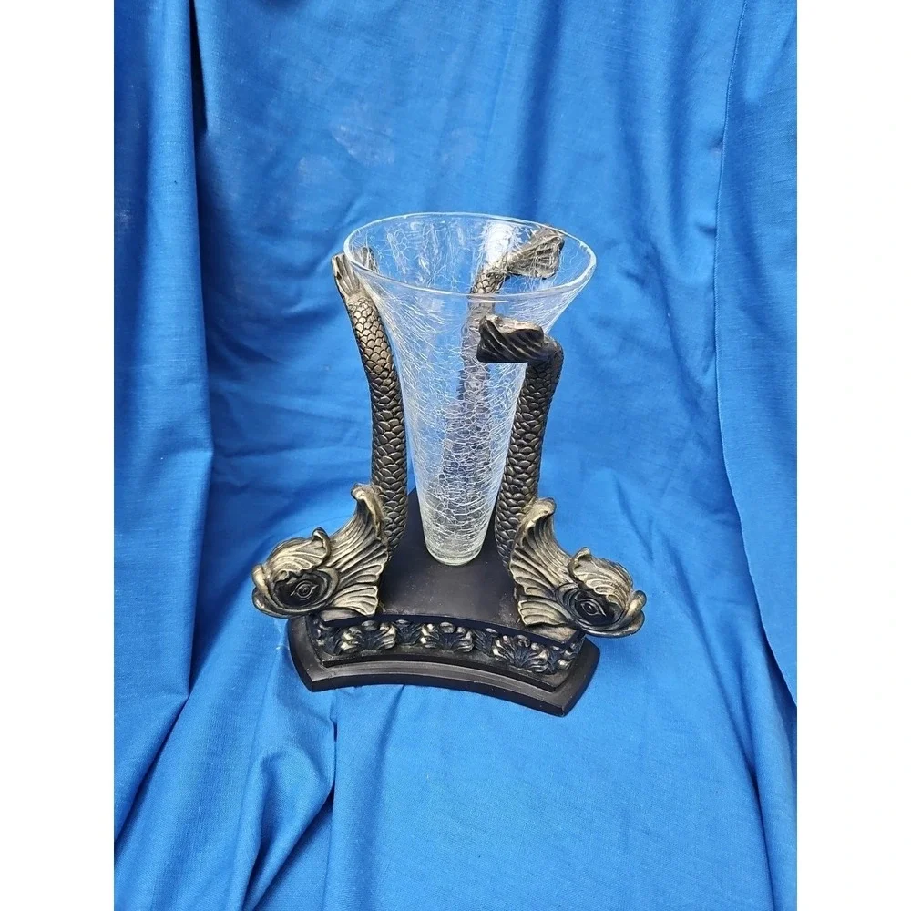 Vintage Japanese Dolphin Koi Fish Vase Centerpiece‎ Neoclassical Crackle 12